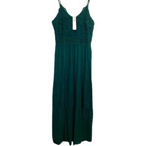 Dokuritu Emerald Green Lace Crochet Maxi Dress Medium Boho Smocked Back Viscose